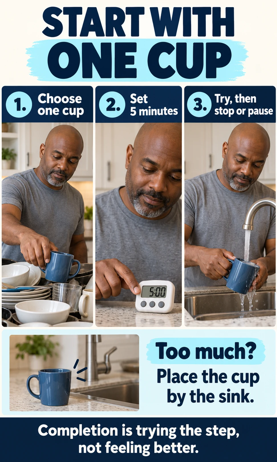 Three illustrated steps show choosing one cup, setting five minutes and trying the task, with an easier option of placing the cup by the sink.