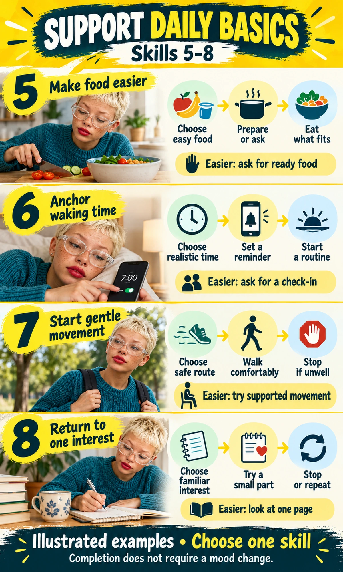 The same adult demonstrates skills 5 to 8: make food easier, anchor waking time, start gentle movement, return to one interest.