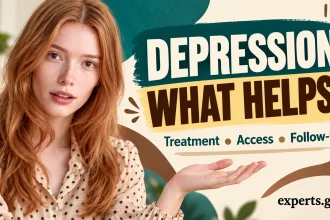 Woman in a biscuit-coloured blouse presenting treatment, access and follow-up as parts of depression care.
