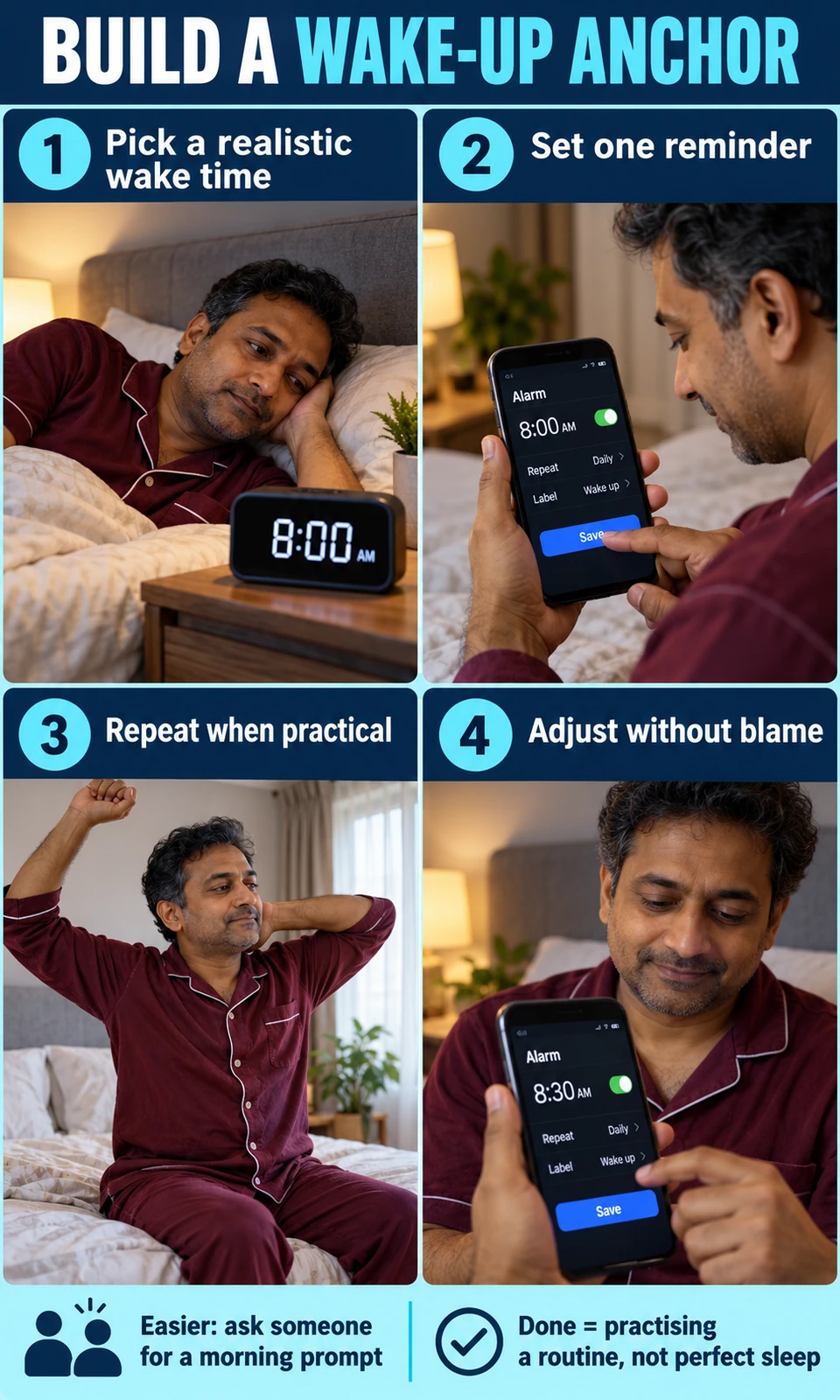 Four panels demonstrate choosing a realistic wake time, setting a reminder, repeating when practical and adjusting without blame, with a supported prompt as the easier option.
