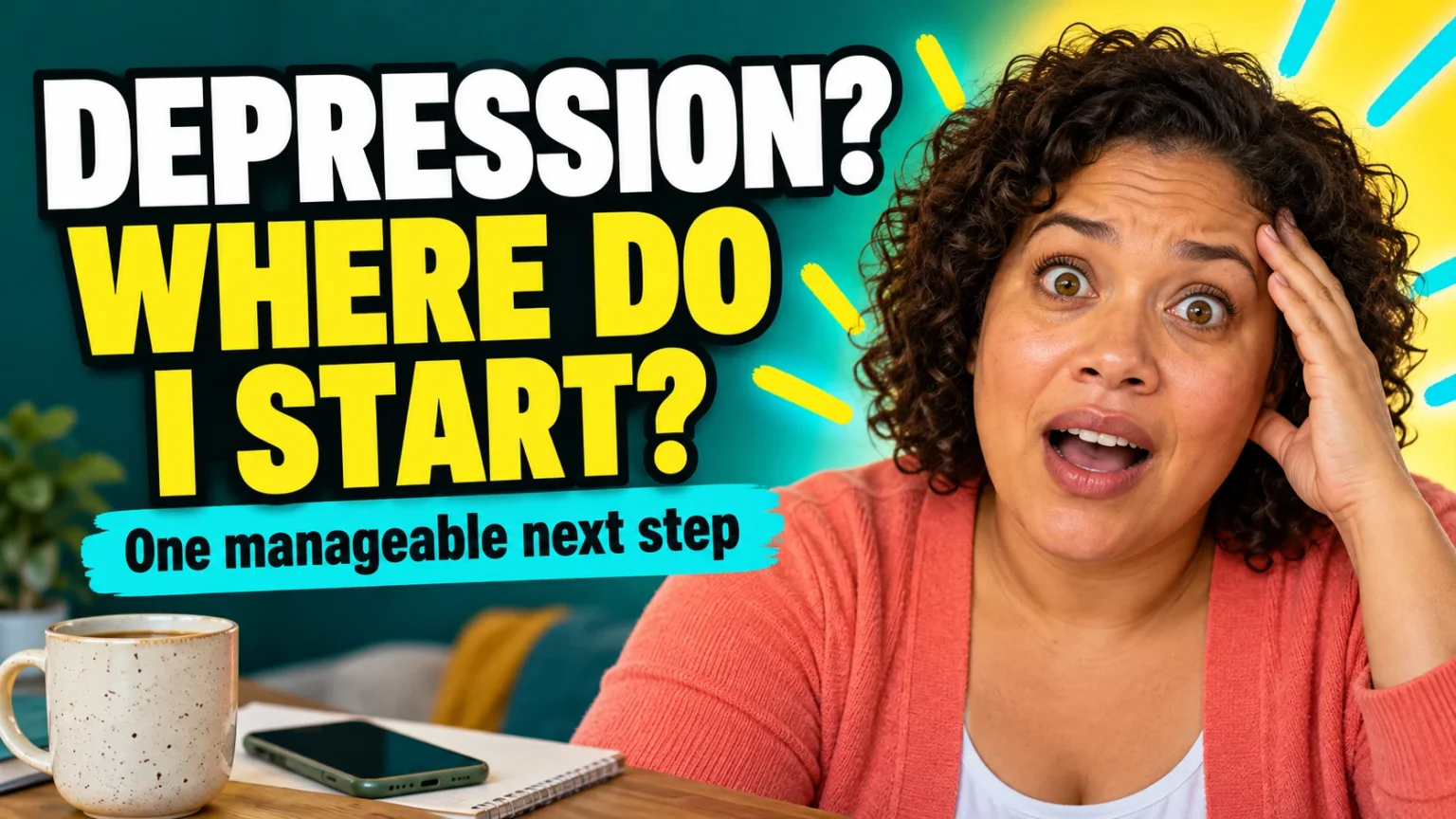 An original woman with wide eyes, an open mouth and a hand by her forehead beside Depression? Where do I start?