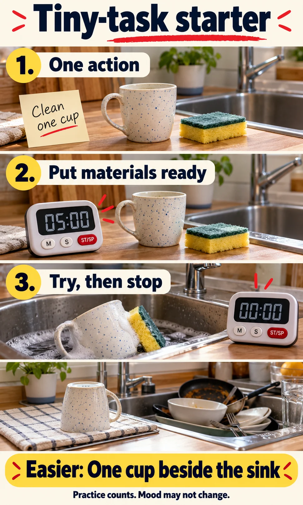 Tiny-task starter: One action, then Put materials ready, then Try, then stop; easier option: one cup beside the sink.
