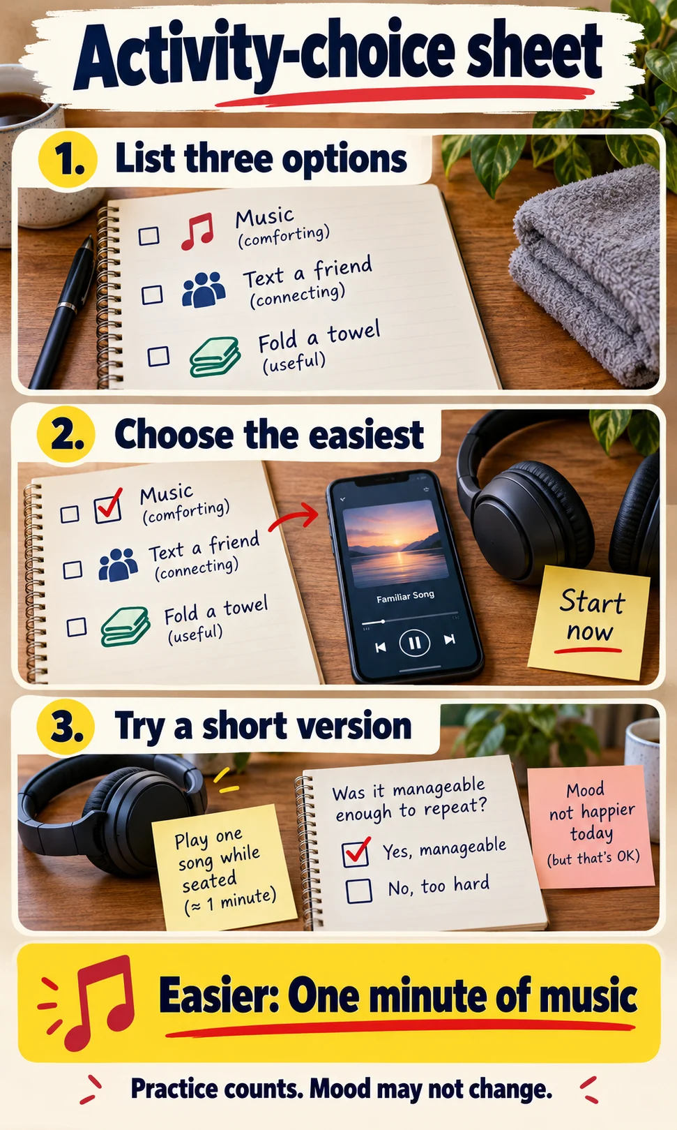 Activity-choice sheet: List three options, then Choose the easiest, then Try a short version; easier option: one minute of music.