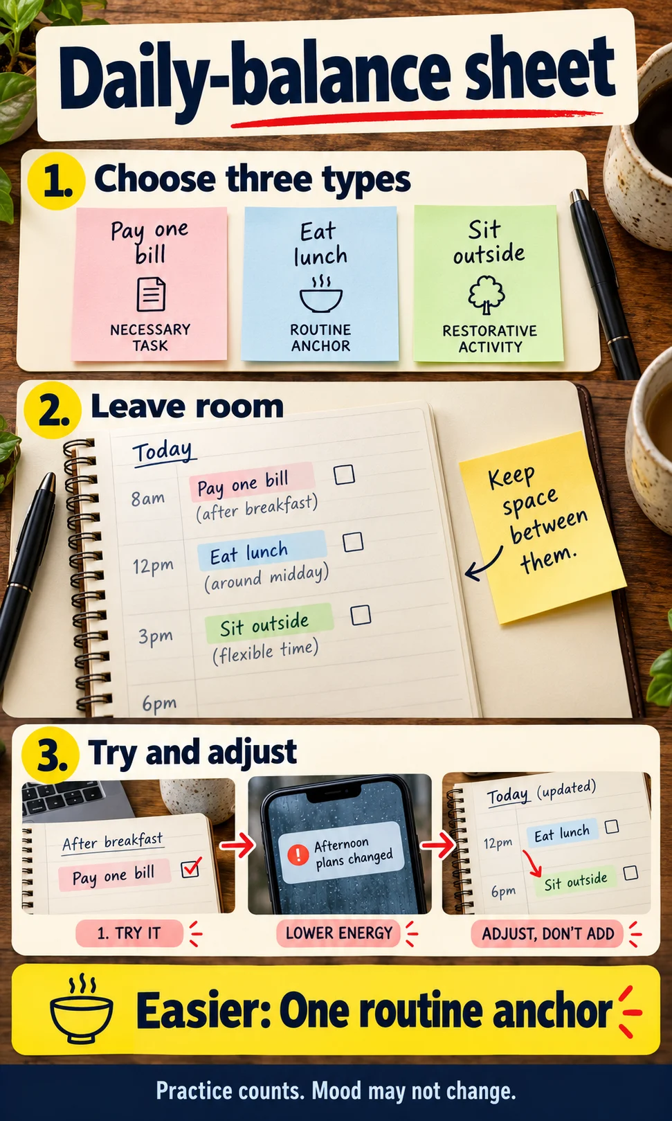 Daily-balance sheet: Choose three types, then Leave room, then Try and adjust; easier option: one routine anchor.