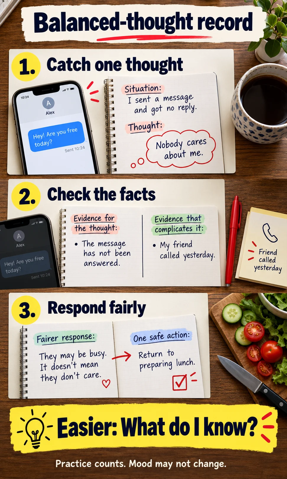 Balanced-thought record: Catch one thought, then Check the facts, then Respond fairly; easier option: what do i know?.