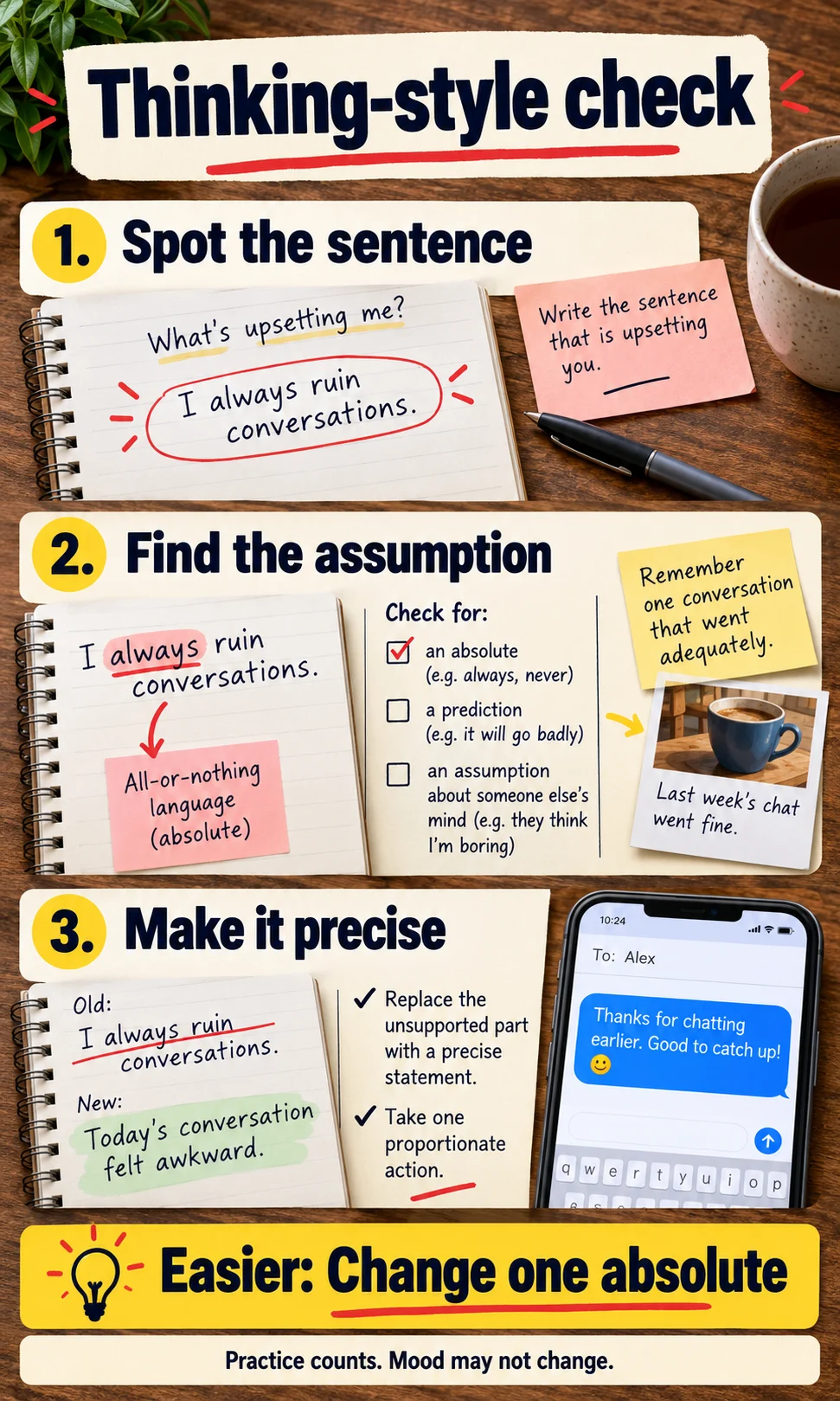Thinking-style check: Spot the sentence, then Find the assumption, then Make it precise; easier option: change one absolute.