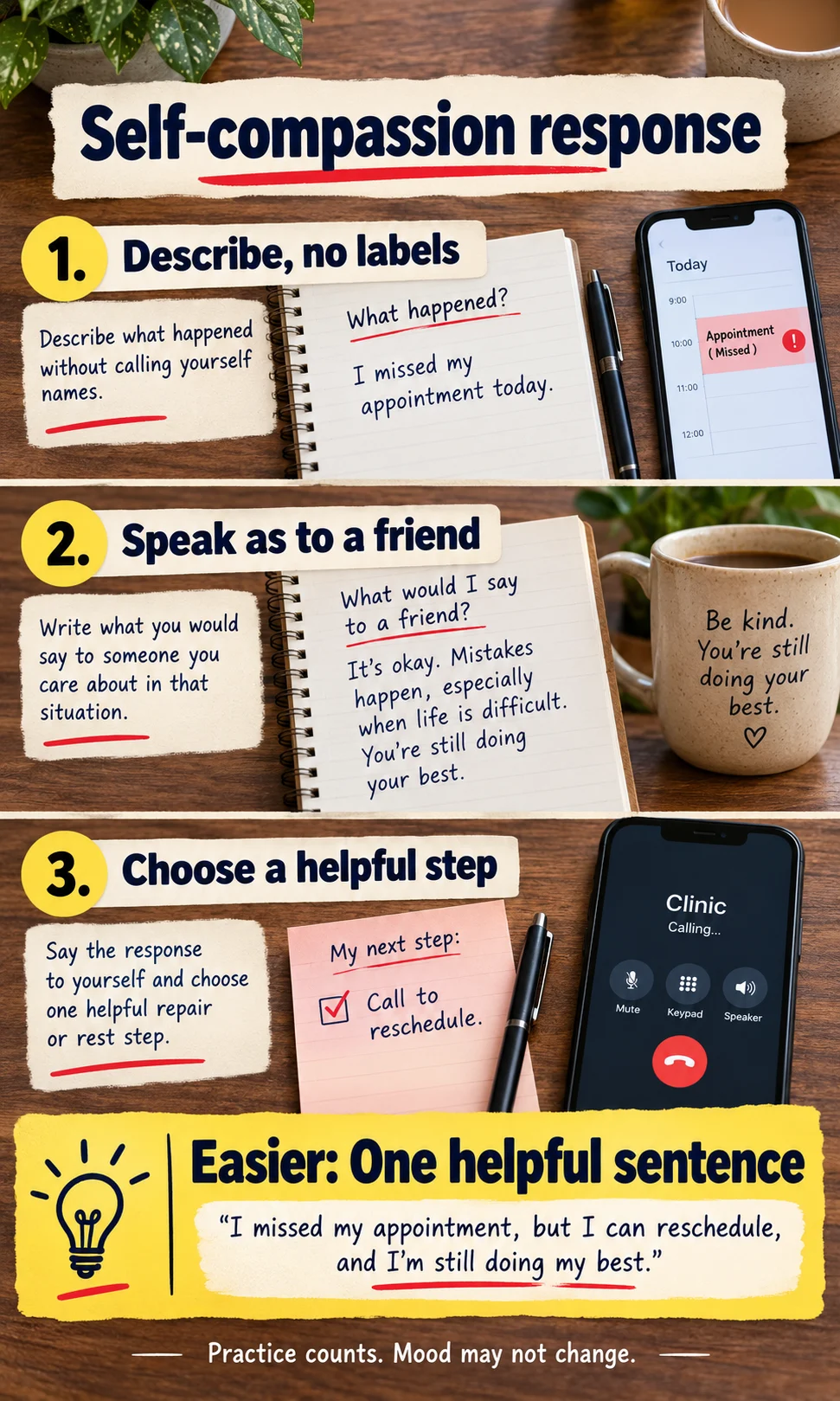 Self-compassion response: Describe, no labels, then Speak as to a friend, then Choose a helpful step; easier option: one helpful sentence.