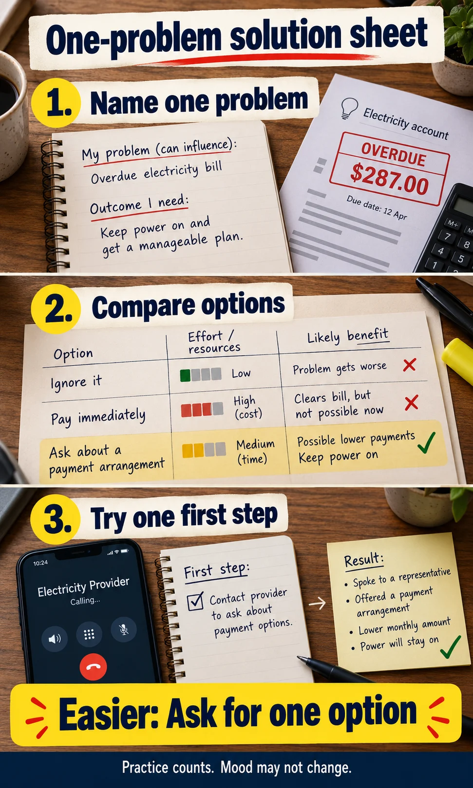 One-problem solution sheet: Name one problem, then Compare options, then Try one first step; easier option: ask for one option.