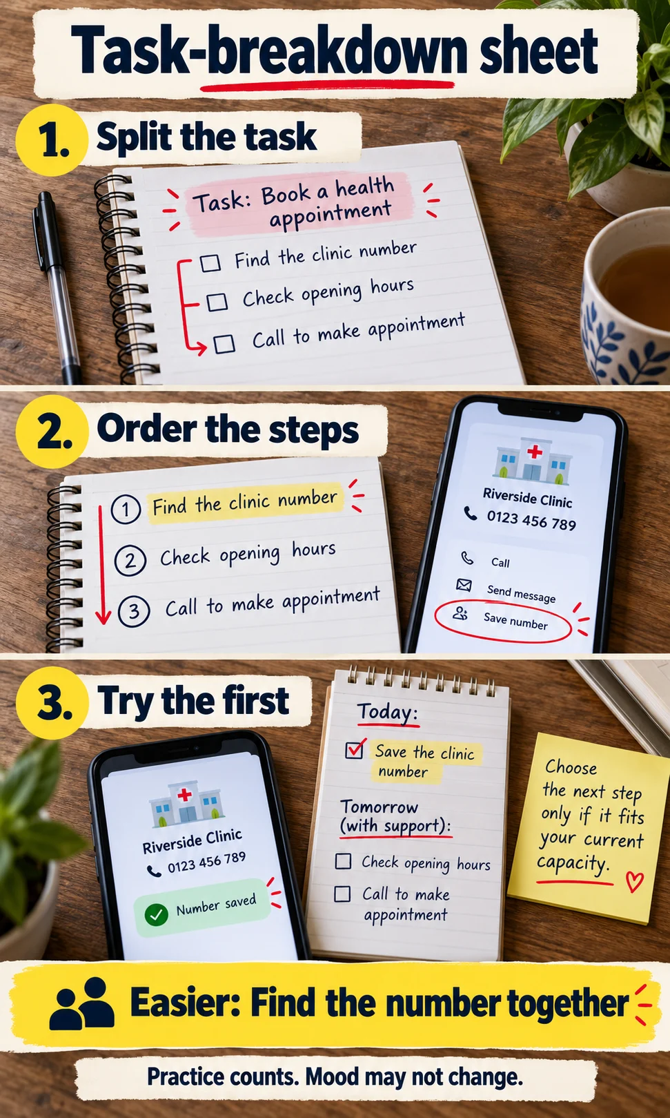 Task-breakdown sheet: Split the task, then Order the steps, then Try the first; easier option: find the number together.