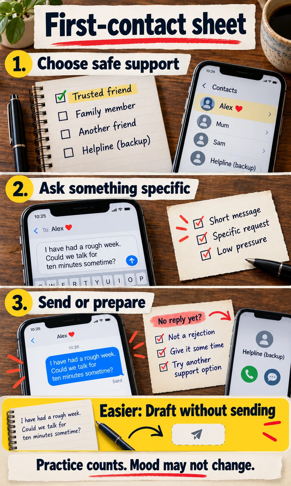 First-contact sheet: Choose safe support, then Ask something specific, then Send or prepare; easier option: draft without sending.