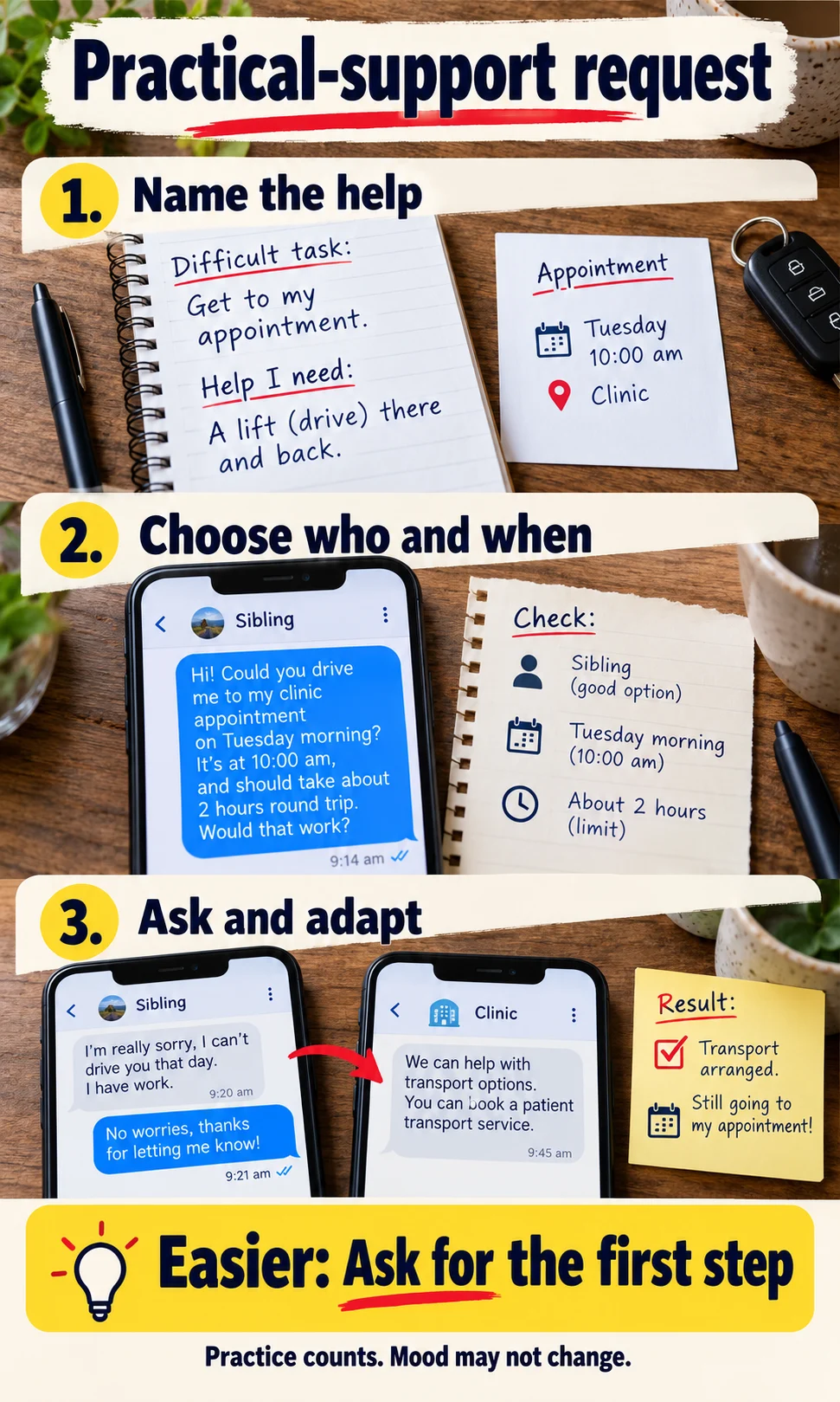 Practical-support request: Name the help, then Choose who and when, then Ask and adapt; easier option: ask for the first step.