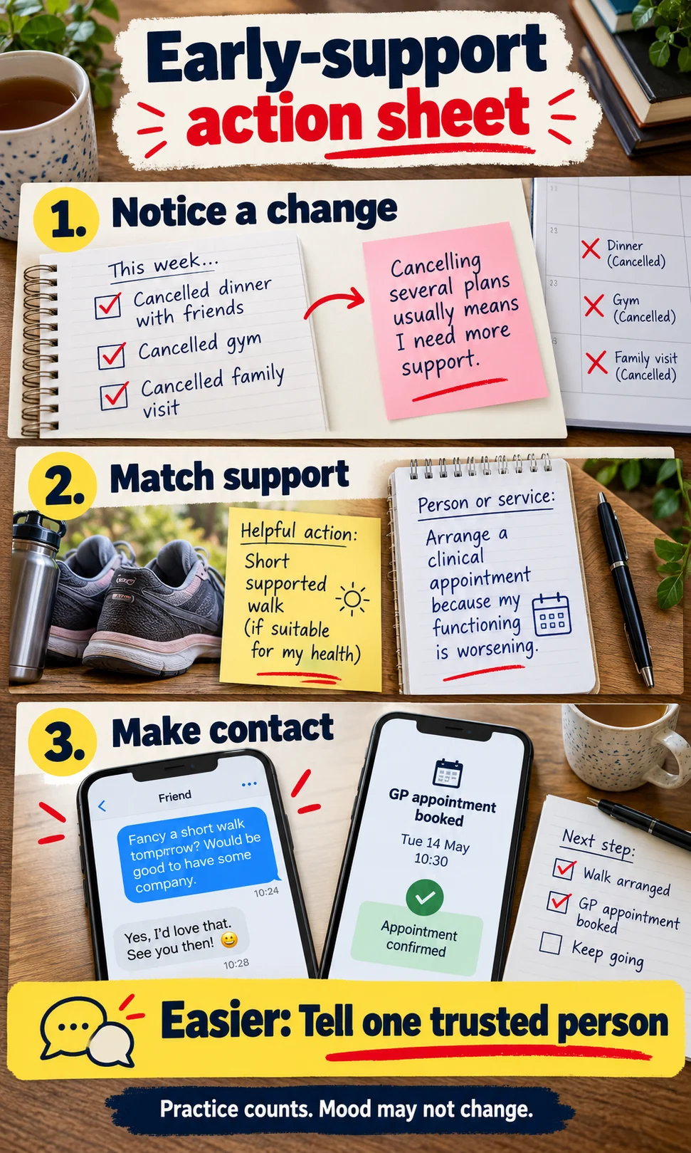 Early-support action sheet: Notice a change, then Match support, then Make contact; easier option: tell one trusted person.
