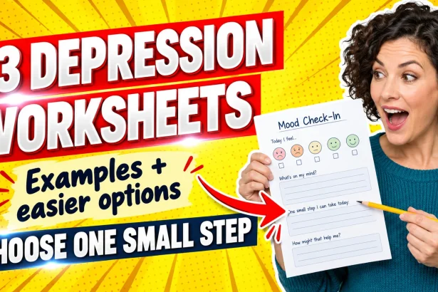 Surprised woman holds a worksheet beside the headline 13 Depression Worksheets and the instruction Choose One Small Step.