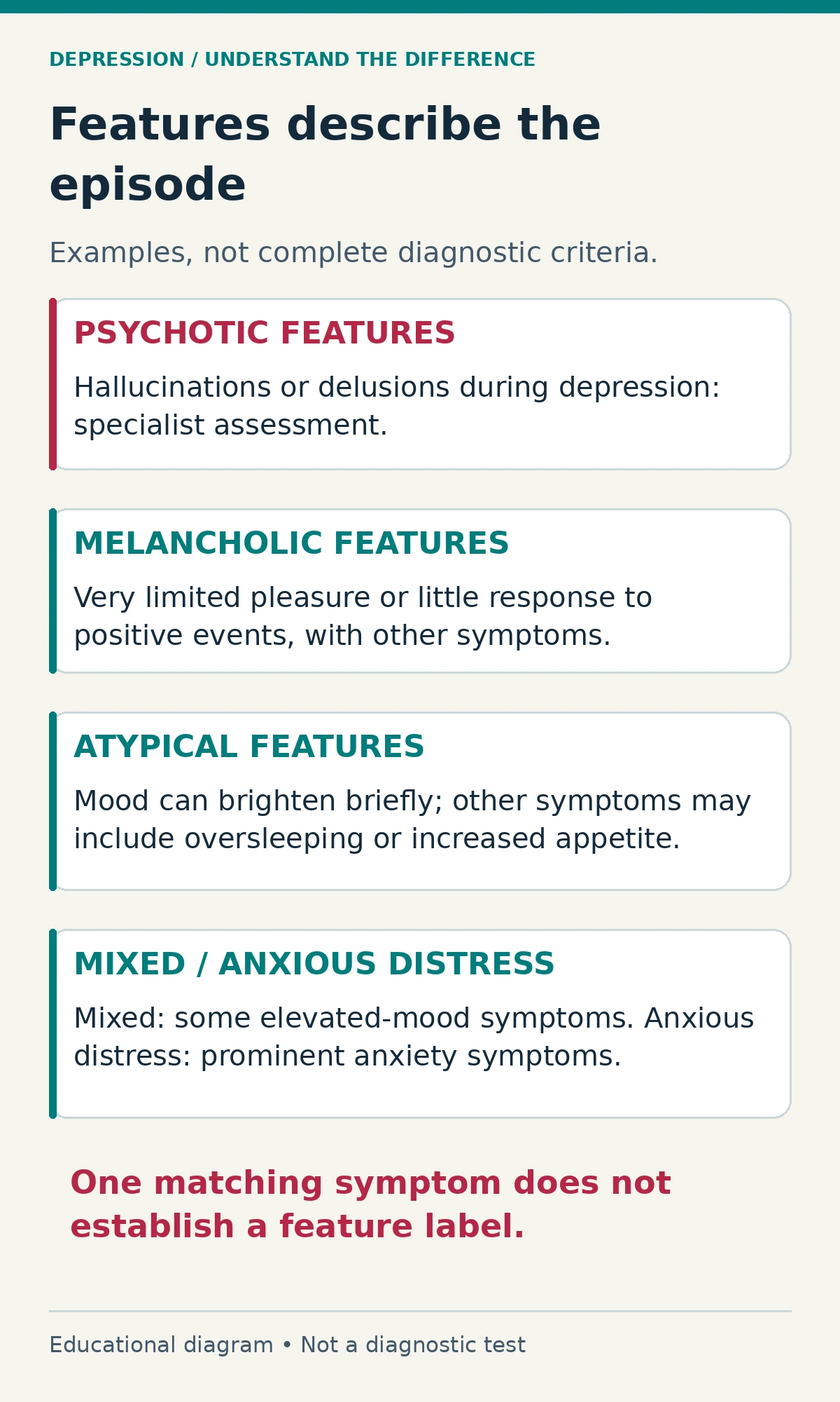 Episode features explained Four panels describe psychotic, melancholic, atypical and mixed or anxious features, noting that one symptom cannot establish a label.