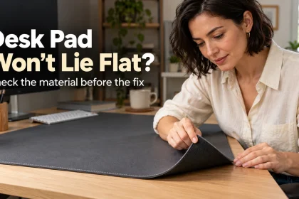 Woman inspecting a curled charcoal desk-pad corner beside a material-check headline