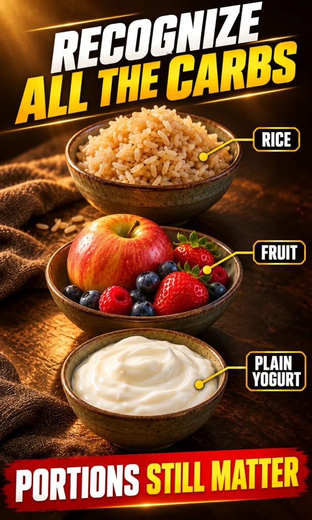 Brown rice, fruit and plain yogurt highlighted as separate carbohydrate contributors in a meal.