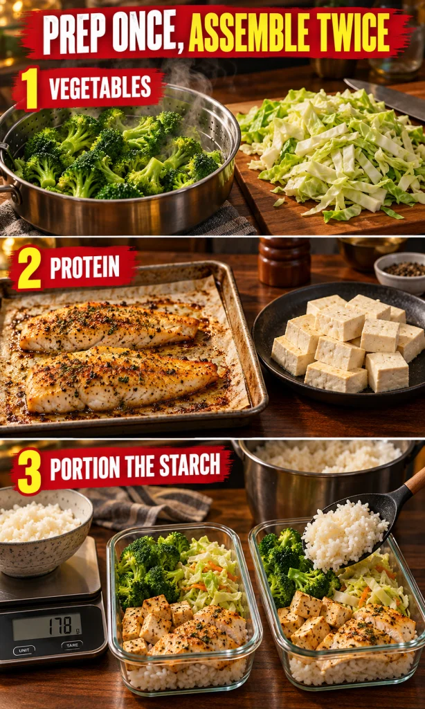 Three preparation stages: cook vegetables, prepare protein and portion the carbohydrate food.