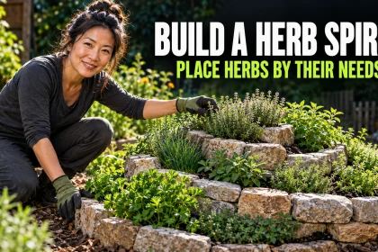 Gardener tending a low stone herb spiral with leafy herbs below and thyme near the raised centre.