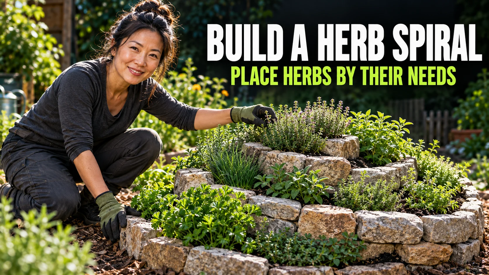 Gardener tending a low stone herb spiral with leafy herbs below and thyme near the raised centre.