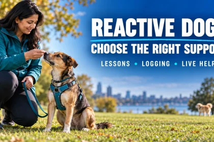 Owner rewarding a dog calmly in a park with space from another dog