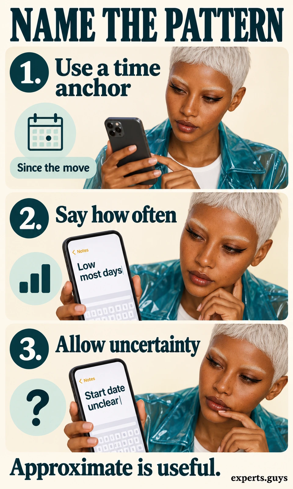 Woman using a phone calendar to describe when low mood became frequent, with an option for an unclear start date.