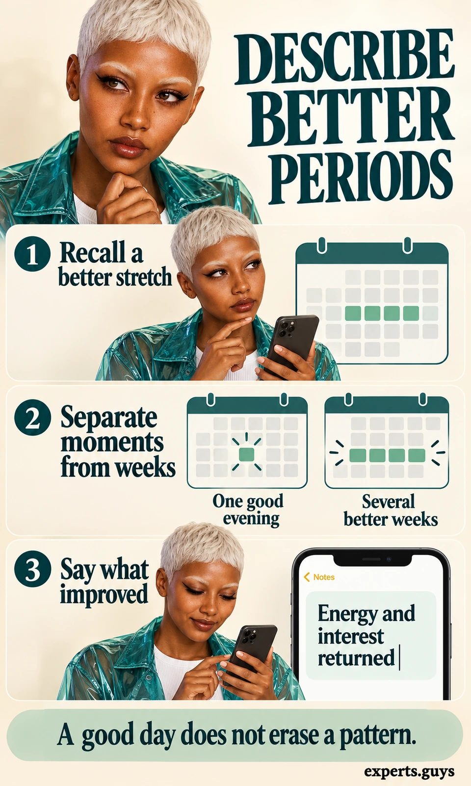 Phone calendar examples distinguish one good evening from several better weeks and identify returning energy and interest.