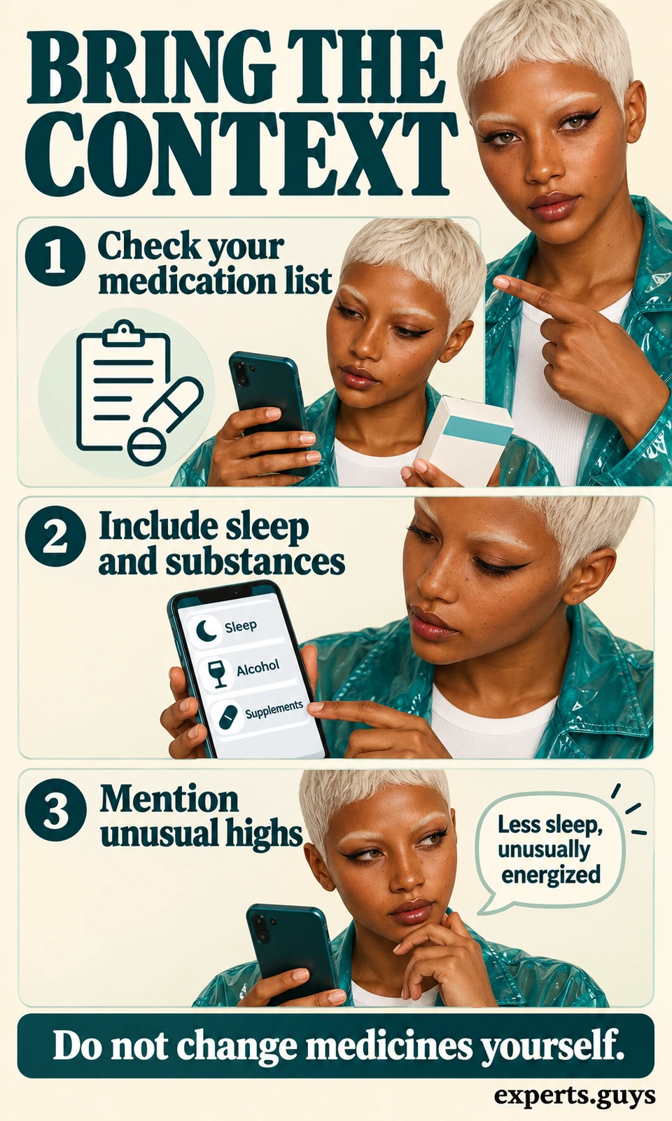 Woman checks a medication list, sleep and substance context, and unusually energized periods on her phone.
