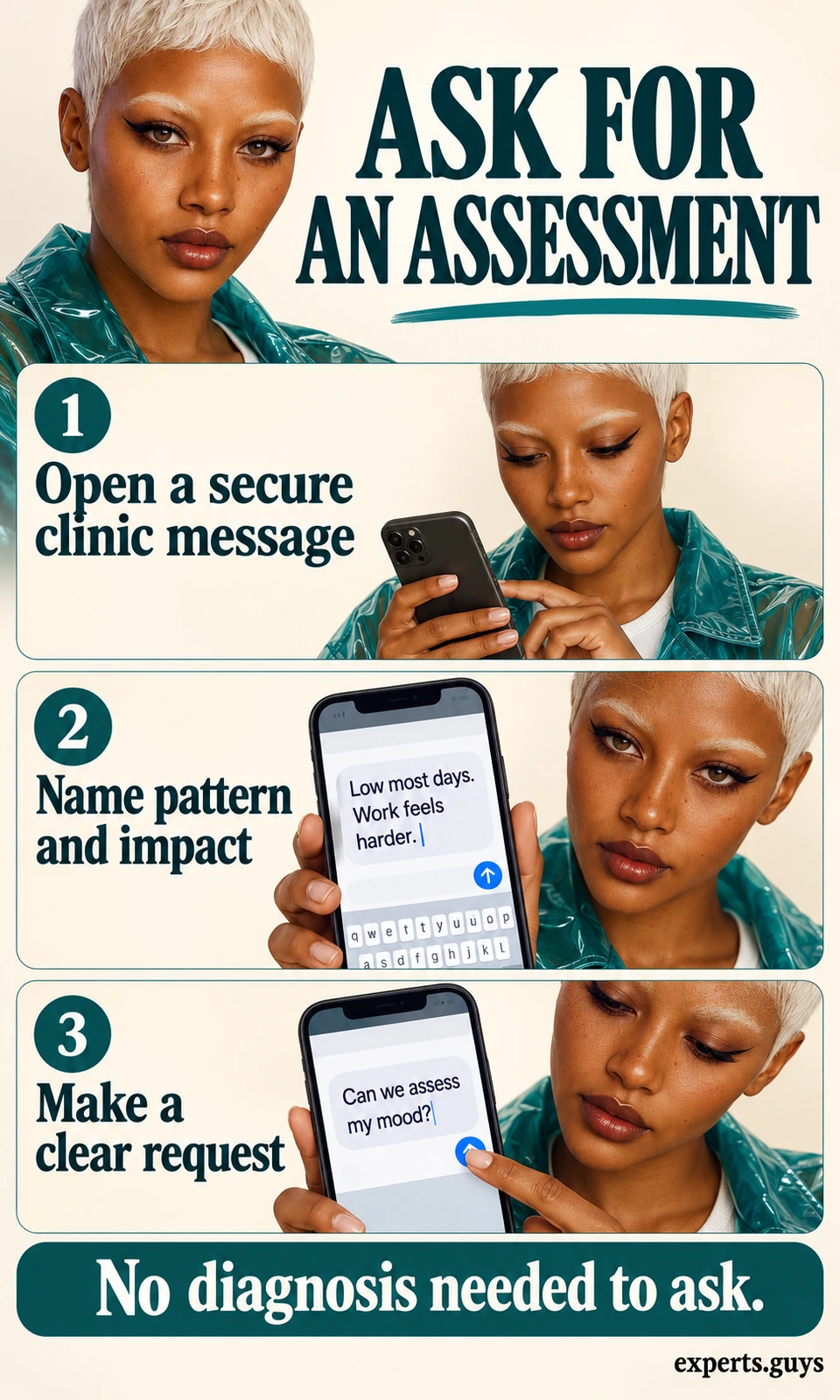 Woman prepares a secure clinic message describing frequent low mood, its impact on work, and a request for an assessment.