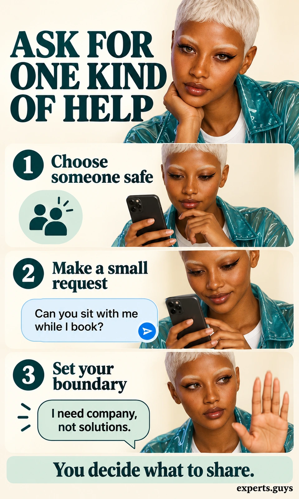 Woman chooses a trusted contact and asks for company while booking an appointment, with a clear boundary about advice.