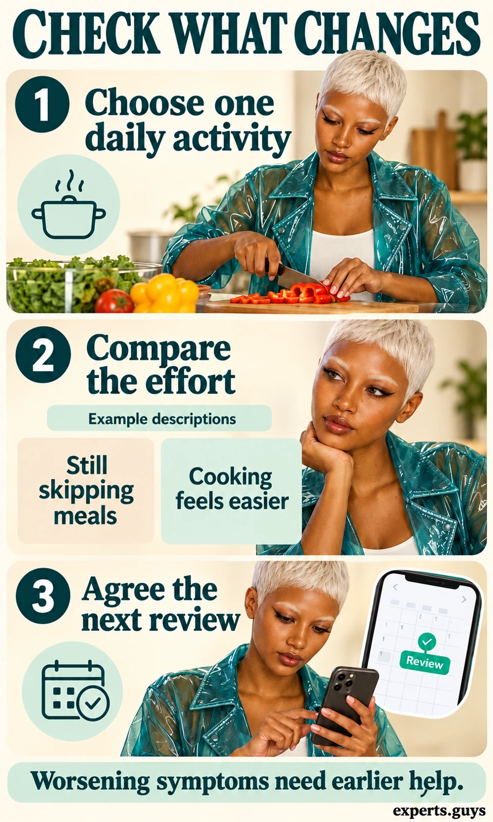 Woman compares the effort involved in meals and uses a phone calendar for a follow-up review.