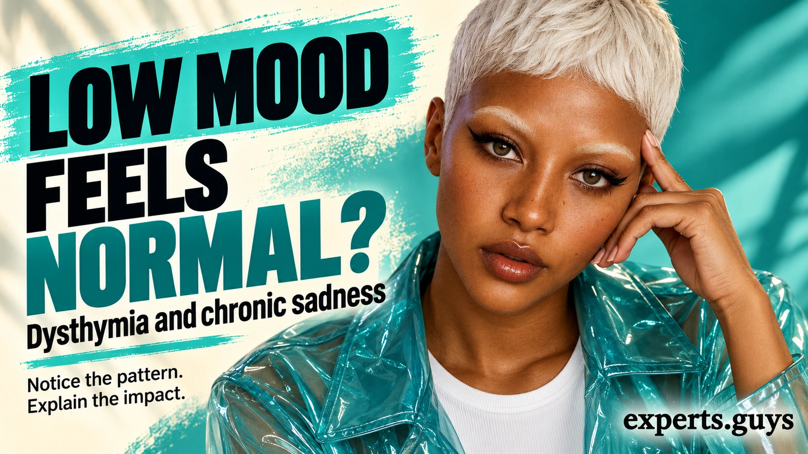Woman in a translucent teal jacket beside the headline Low mood feels normal? and a prompt to explain the impact.