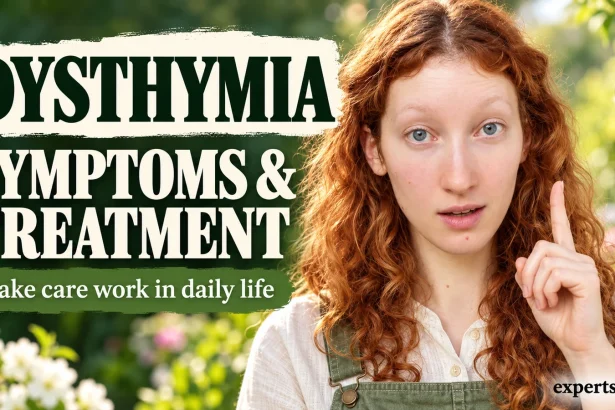 Woman in sage gardening overalls beside the headline Dysthymia: Symptoms and Treatment.