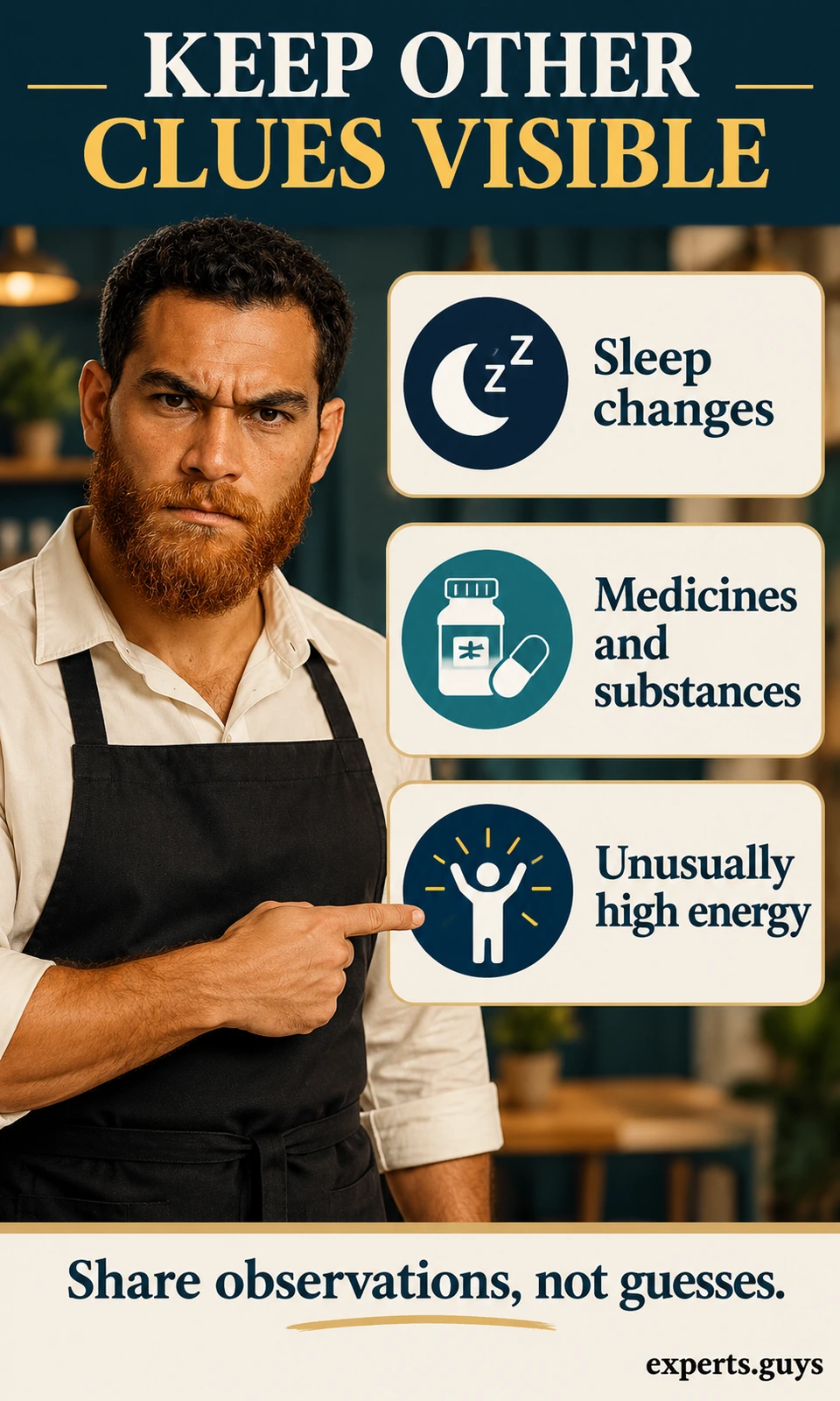 A man points to cards listing sleep changes, medicines and substances, and unusually high energy during a depression assessment.