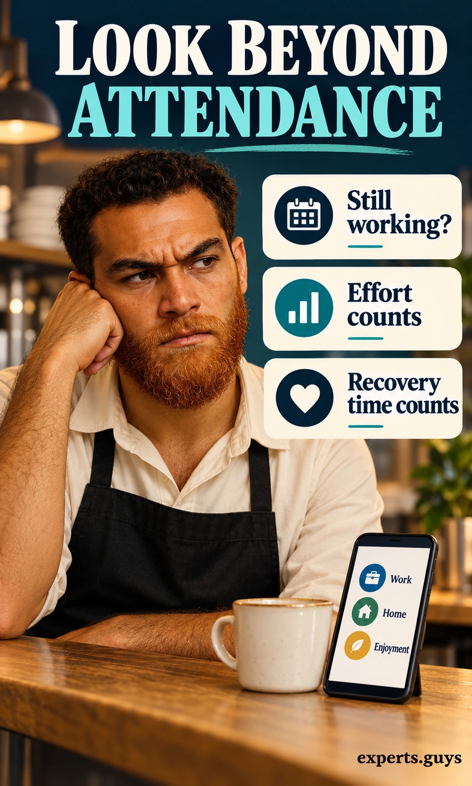 A man rests his head on his hand beside a phone and cards about working, effort and recovery time in depression.