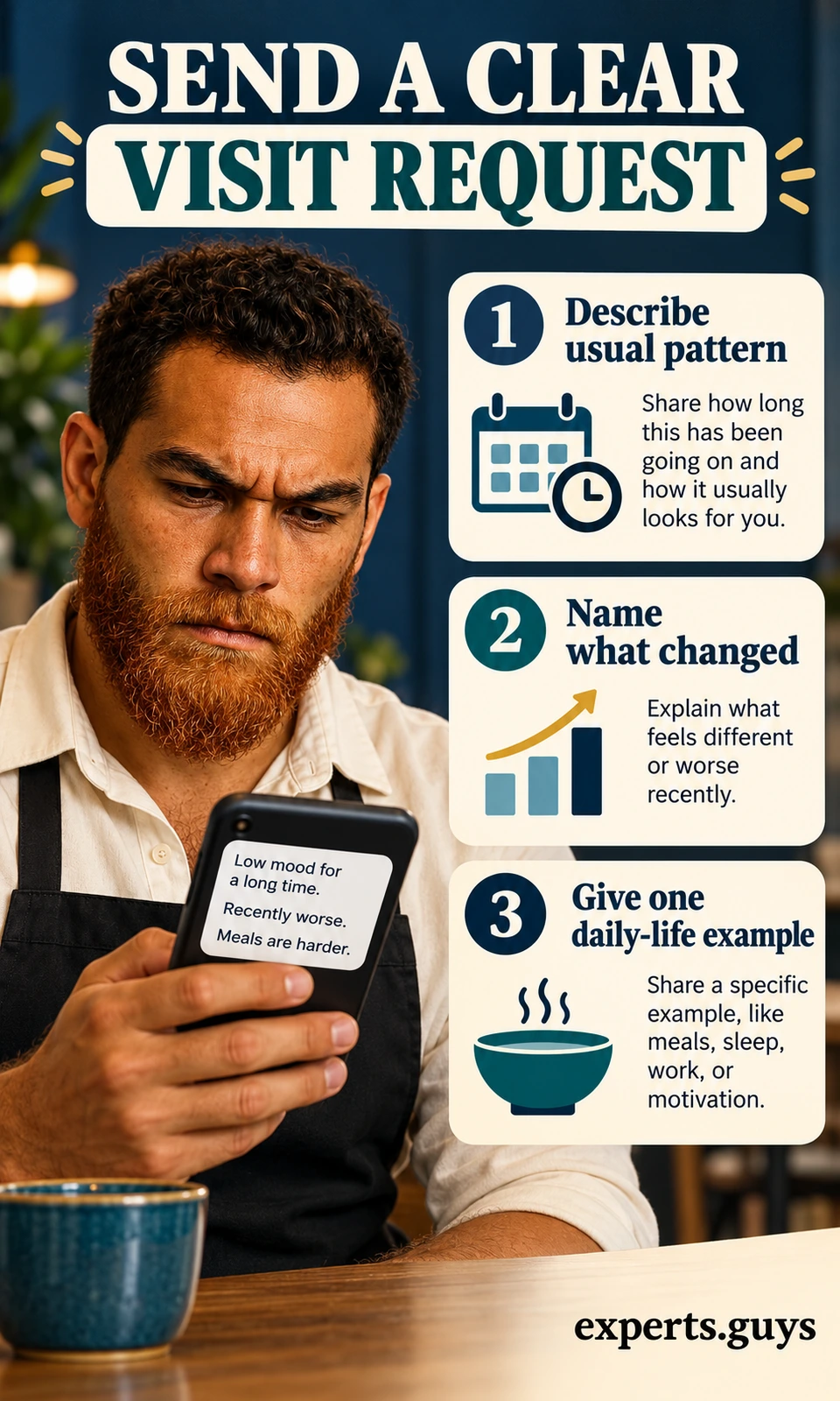 A man uses a phone beside steps to describe the usual low-mood pattern, name recent changes and give a daily-life example.