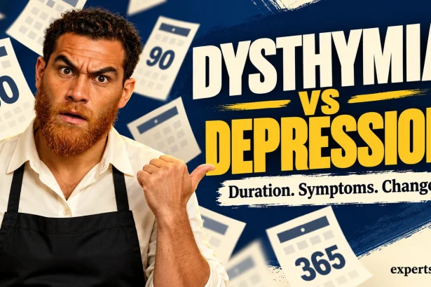 A man in a cream blouse and black apron beside the headline Dysthymia vs Depression and calendar illustrations.
