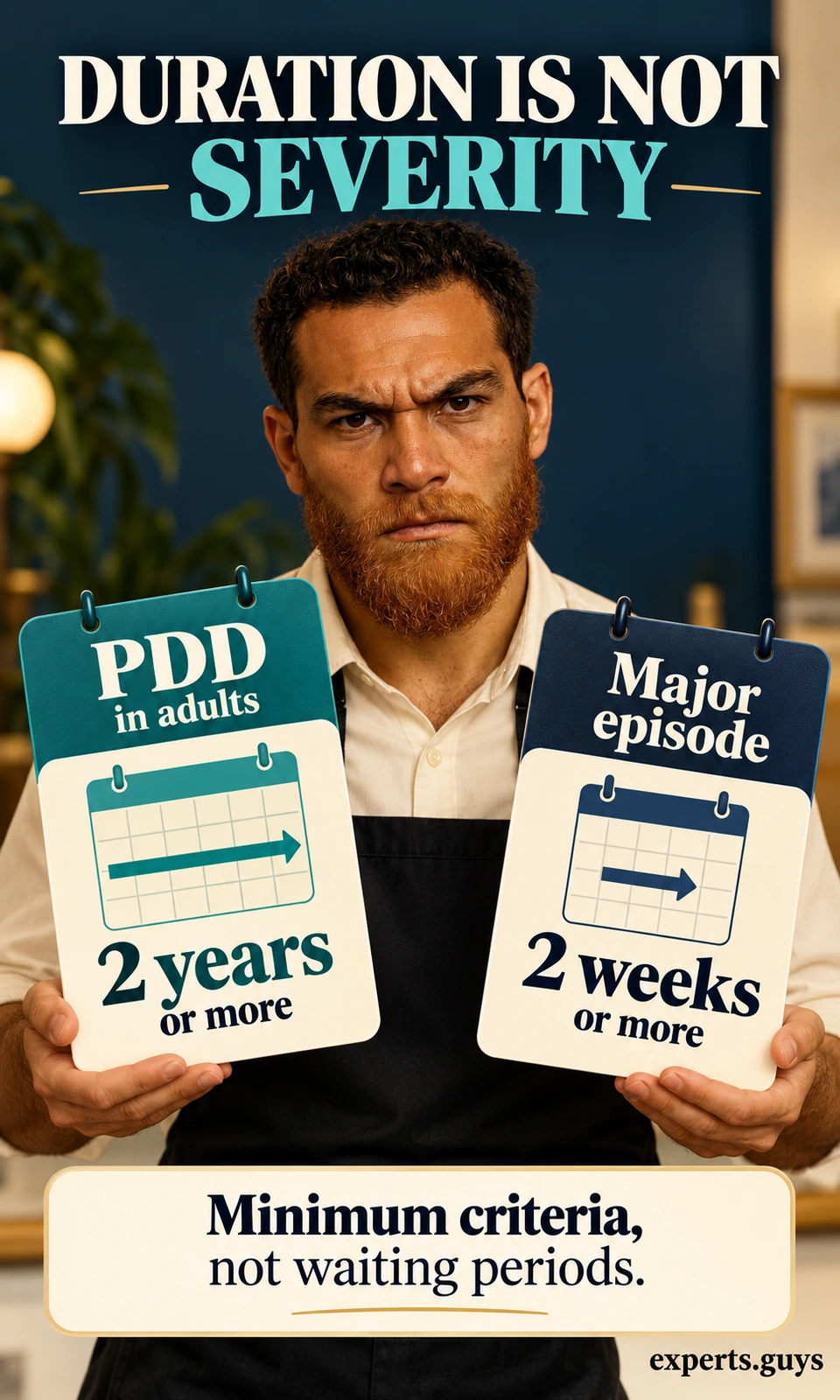 A man holds calendar cards marked PDD in adults: 2 years or more and major episode: 2 weeks or more.