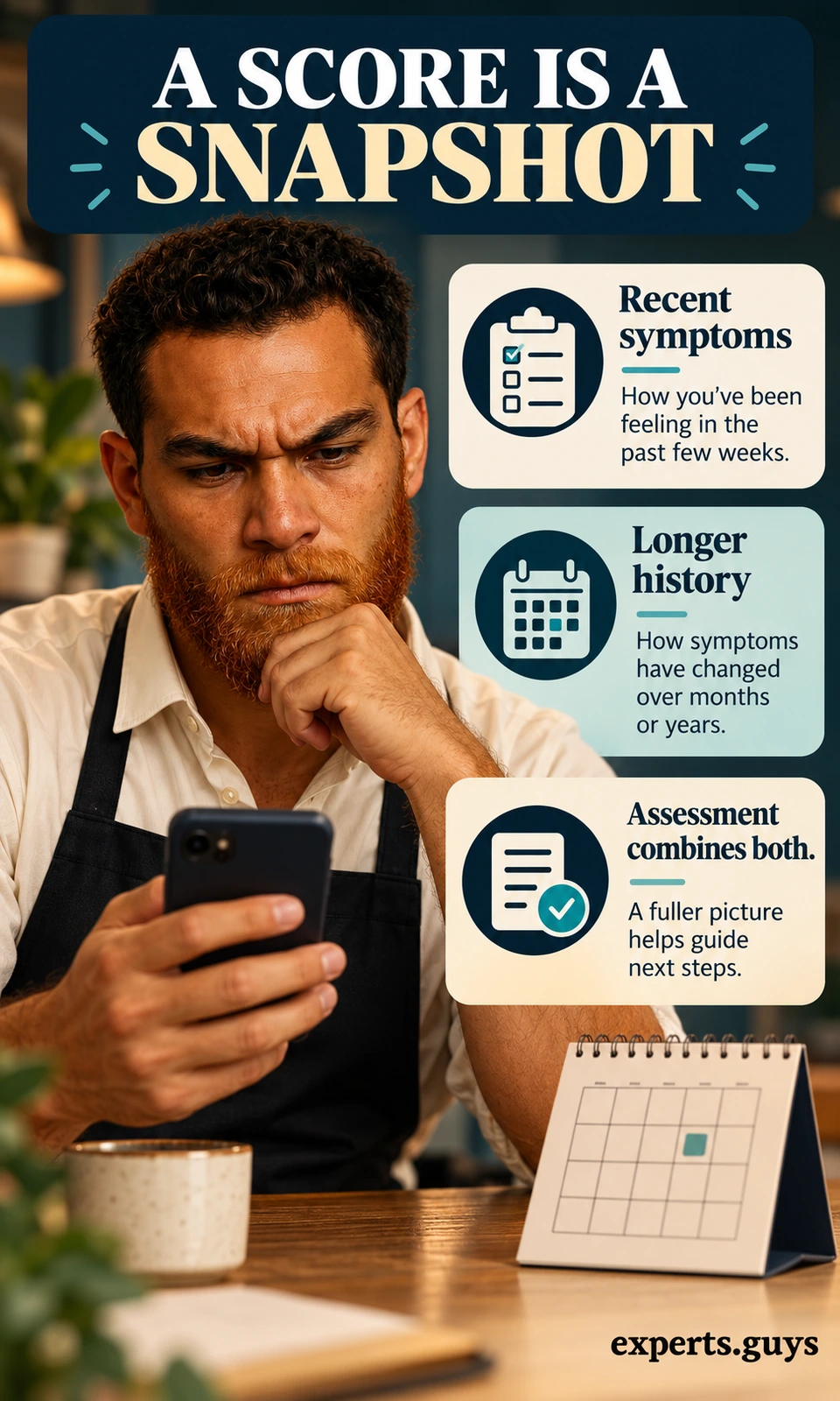 A man looks at a phone beside a calendar and cards comparing recent depression symptoms with longer mood history.