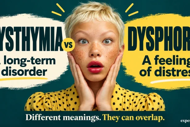 Woman in yellow polka dots beside a comparison of a long-term disorder and a feeling of distress.