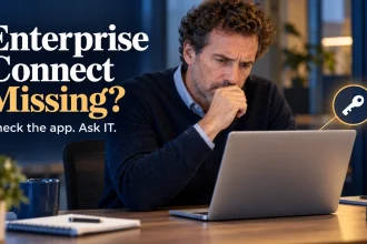 A man checks a work laptop beneath the headline Enterprise Connect Missing?