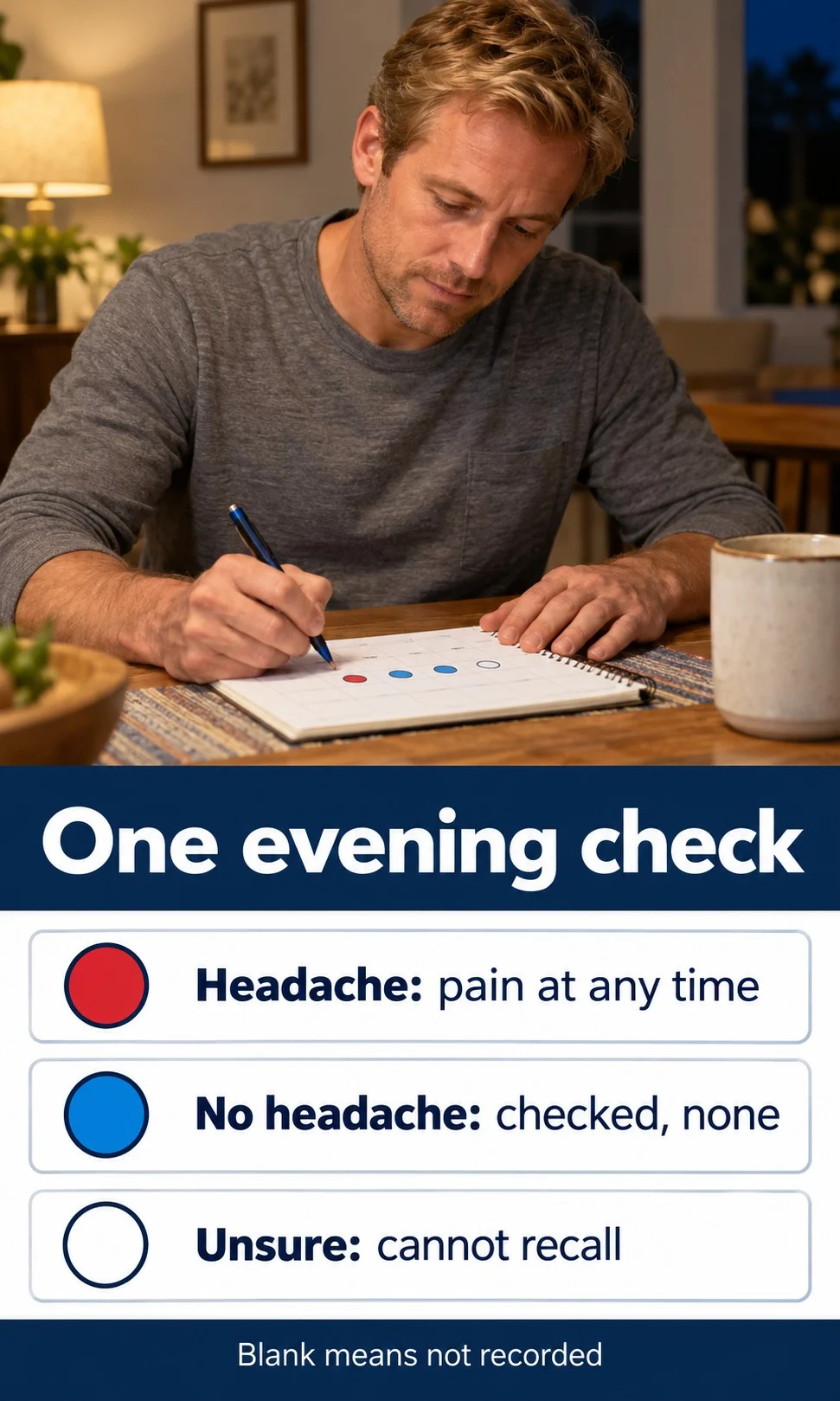 A man making an evening headache-calendar entry beside a three-state recording guide.