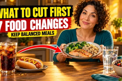 Woman holding a salmon, broccoli and rice plate beside soda, a hot dog, and water.