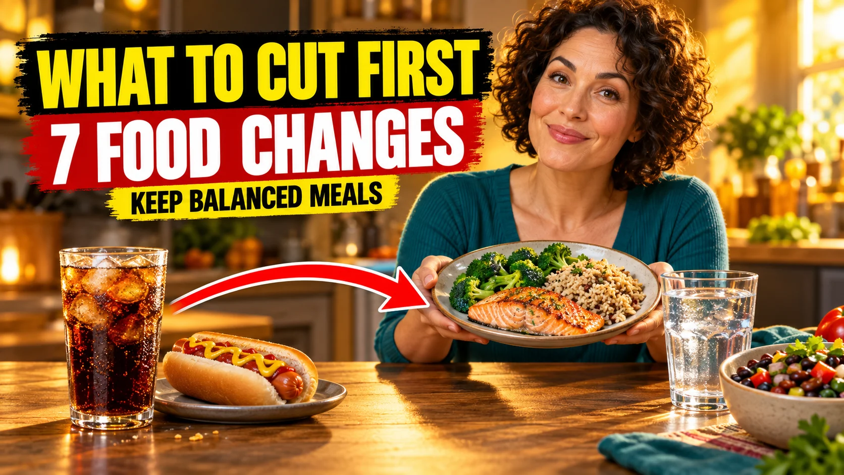 Woman holding a salmon, broccoli and rice plate beside soda, a hot dog, and water.