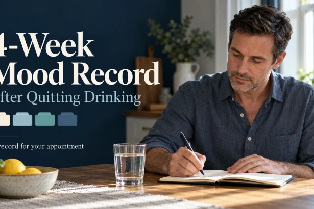 A man records observations in a notebook beside a glass of water.