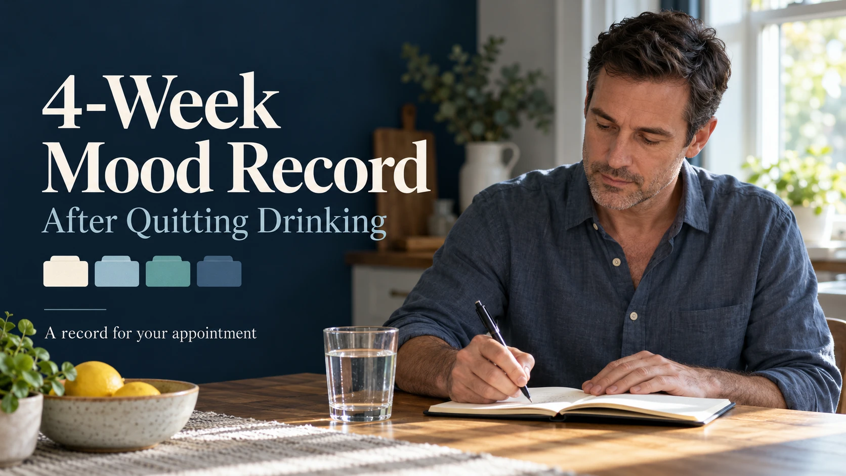 A man records observations in a notebook beside a glass of water.