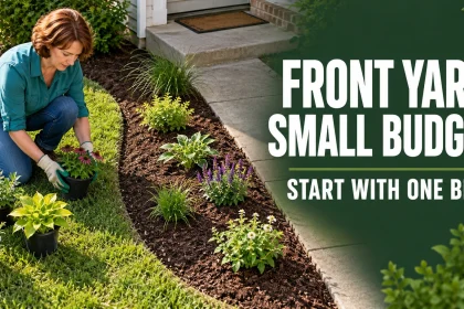 A homeowner arranges small plants beside an existing front-door walkway and a modest planting bed.