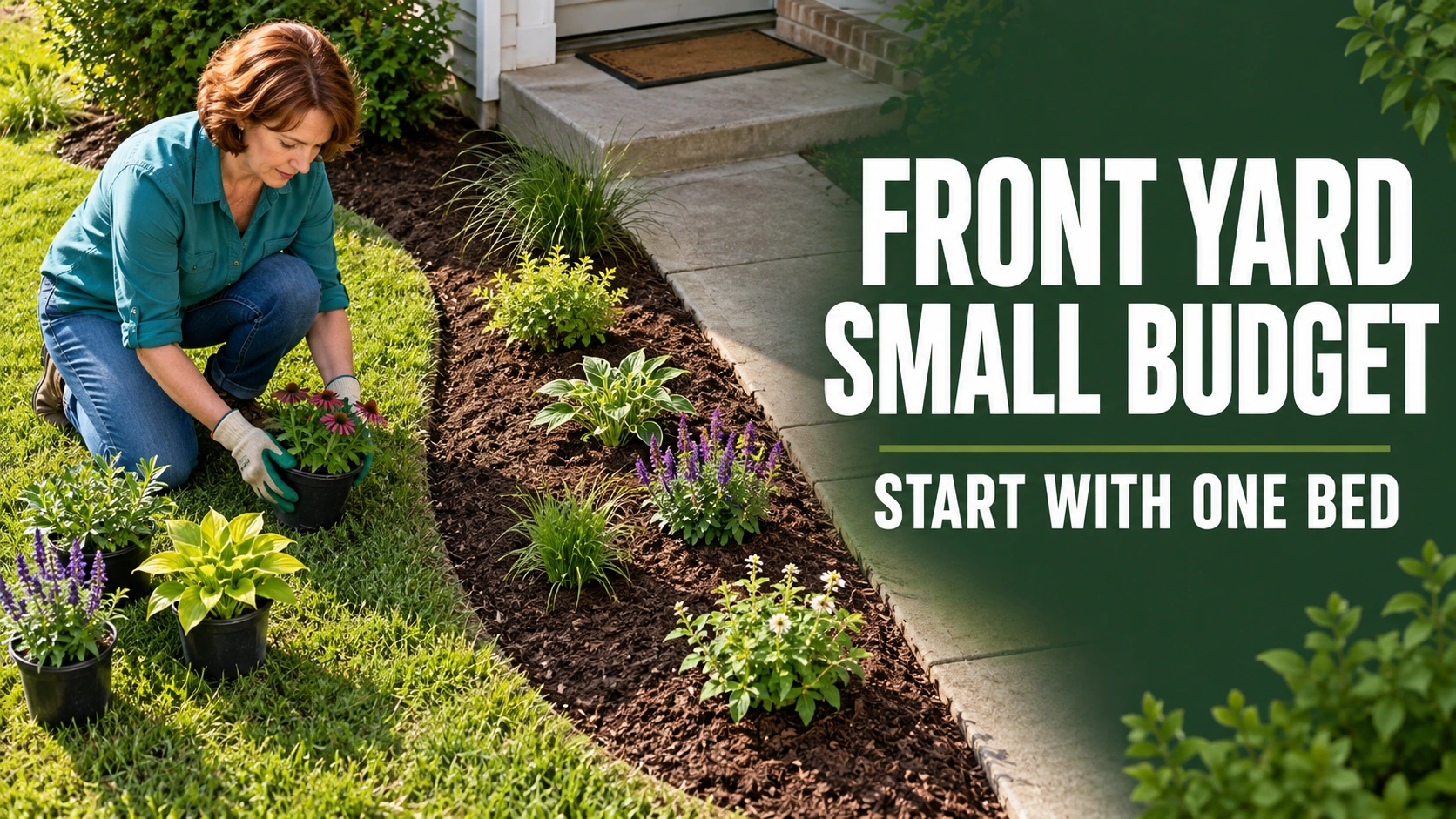 A homeowner arranges small plants beside an existing front-door walkway and a modest planting bed.