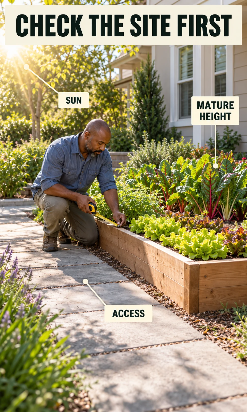 A gardener measures an edible bed beside a clear entrance path, with labels for sun, access, and mature height.