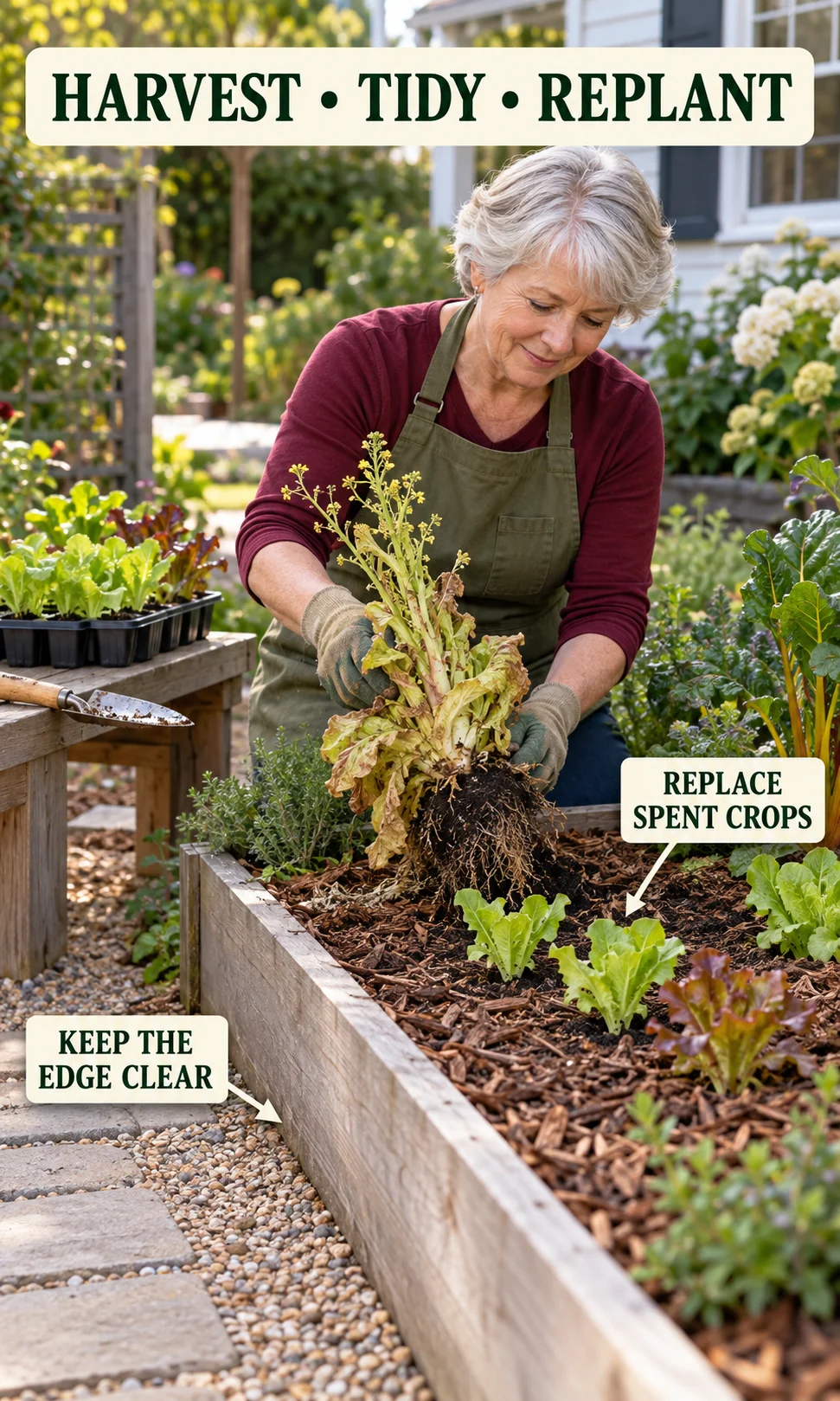 A gardener harvests old lettuce beside fresh replacement plants and a neat mulch edge.