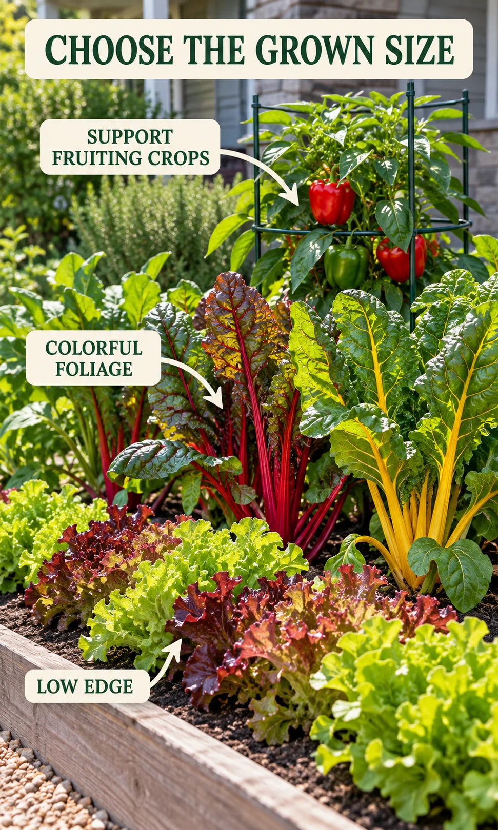 Low lettuce, colorful chard, and supported compact peppers demonstrate different mature plant forms.